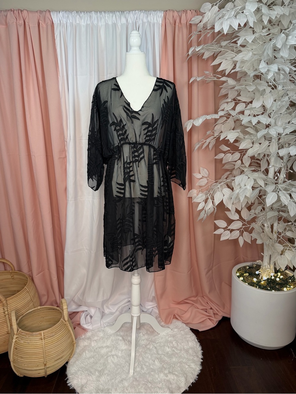 SHEIN Black Sheer Embroidered Swim Cover-Up Tunic